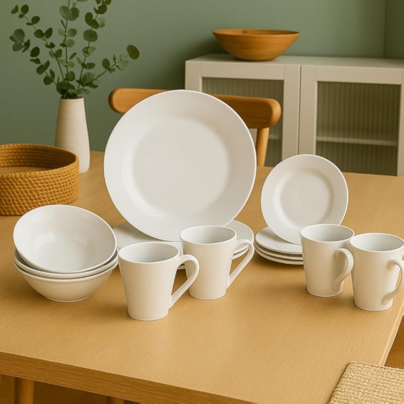 طقم عشاء أرجون مكون من 16 قطعة لأربعة أشخاص - أطباق عشاء بيضاء، أطباق جانبية، أوعية، وأكواب لاتيه